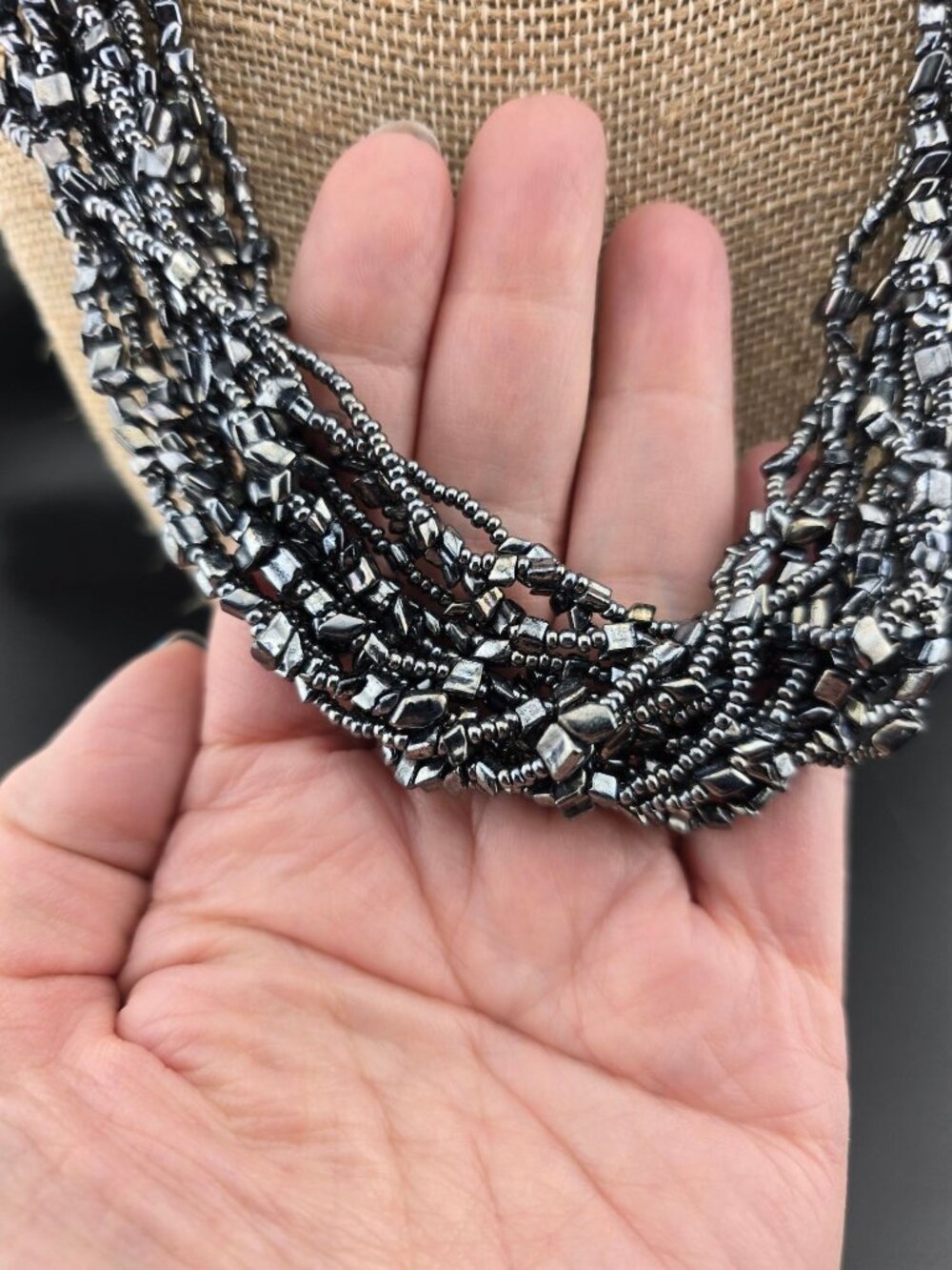 14-Strand Hematite Beaded Necklace 21" Ornate Gold-Tone Clasp Made In Italy BOLD - Picture 5 of 12